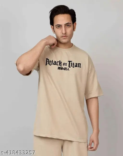 Men Oversize Tshirt | Oversized Tshirt For Men | Stylish Trendy Comfy-Wear Casual Cotton Blend T Shirt | Anime Oversize Tshirt | Pack Of 1 | (Beige)
