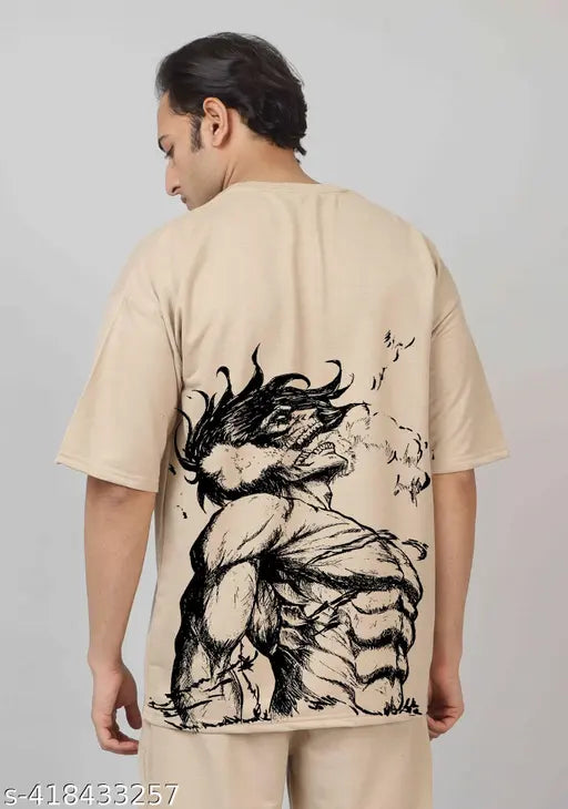 Men Oversize Tshirt | Oversized Tshirt For Men | Stylish Trendy Comfy-Wear Casual Cotton Blend T Shirt | Anime Oversize Tshirt | Pack Of 1 | (Beige)